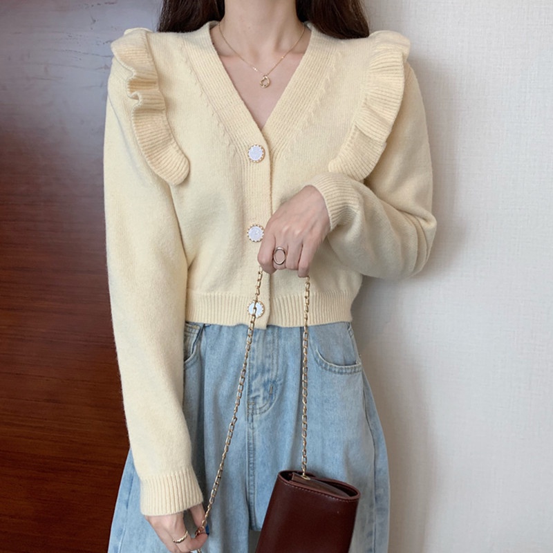 Áo cardigan dệt kim ZHELIHANGFEI cổ chữ V dáng ôm phong cách retro dành cho nữ