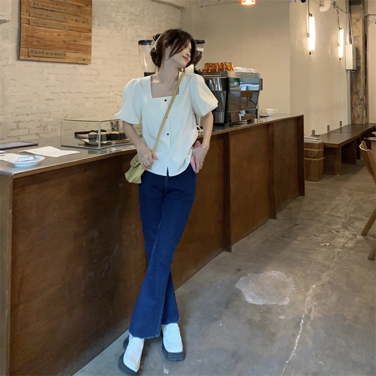 SUXI Áo Kiểu Cổ Vuông Tay Phồng Ngắn Thời Trang Mùa Hè Xinh Xắn Cho Nữ