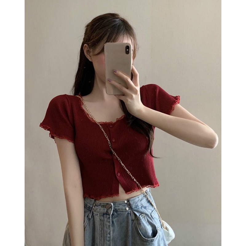 Cocory vn Áo Croptop Dệt Kim Tay Ngắn Phối Ren Phong Cách Hàn Quốc 5 Màu Tùy Chọn
