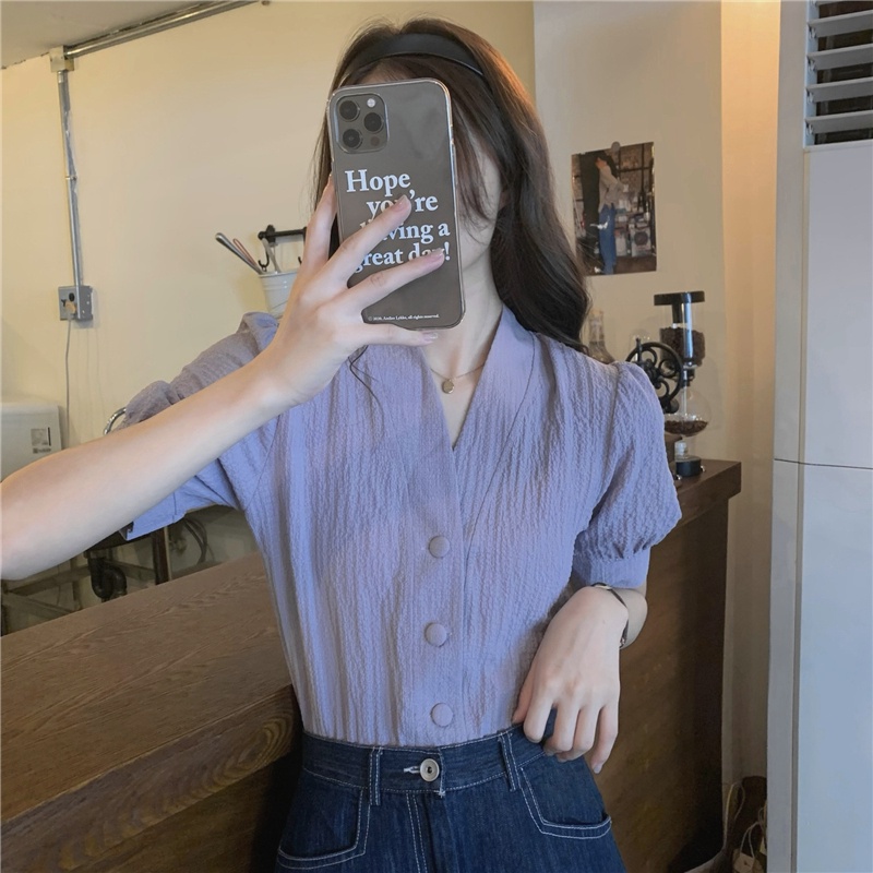 Porozi  Áo Sơ Mi Tay Ngắn Phồng Cổ Chữ V Phong Cách Retro Thời Trang Hàn Quốc Cho Nữ