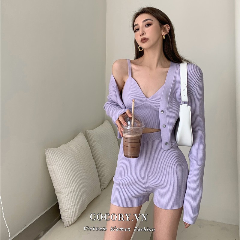 Cocory vn Áo cardigan tay dài/ Áo yếm hai dây/ Quần đùi lưng cao phong cách vintage quyến rũ thời trang dành cho nữ