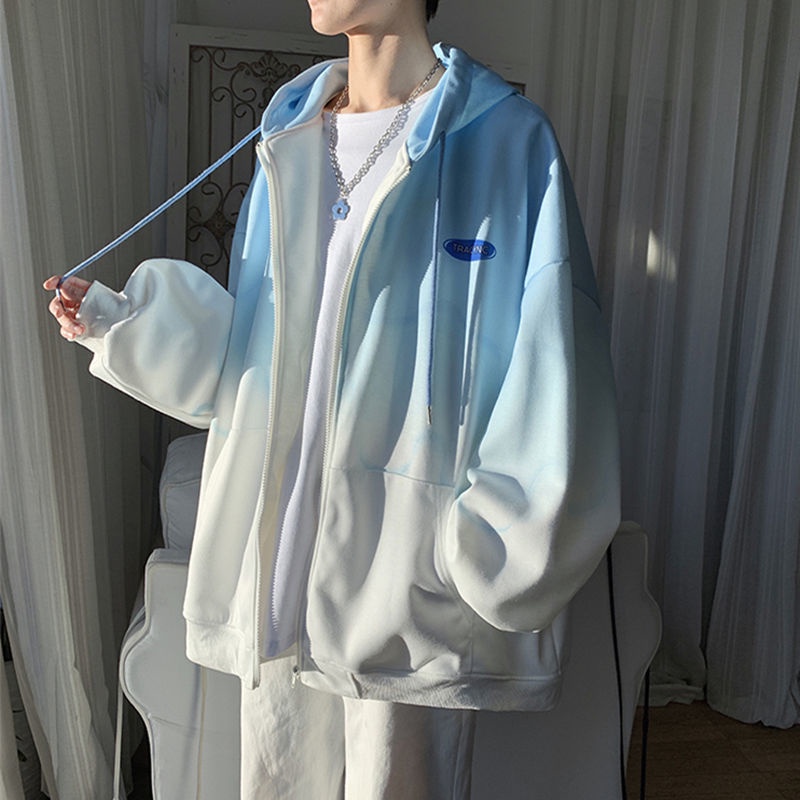 áo khoác nam bomber hàn quốc Áo Khoác Hoodie Dáng Rộng Phối Màu Nhuộm Thời Trang Xuân Thu Cho Nam