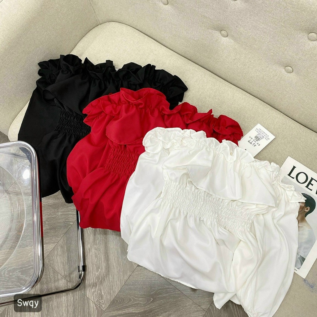 Áo Voan Kiểu Mới Trễ Vai Tay Dài Bánh Bèo Phối Nhún Trước Bụng Xinh Xắn  TTSLA0842