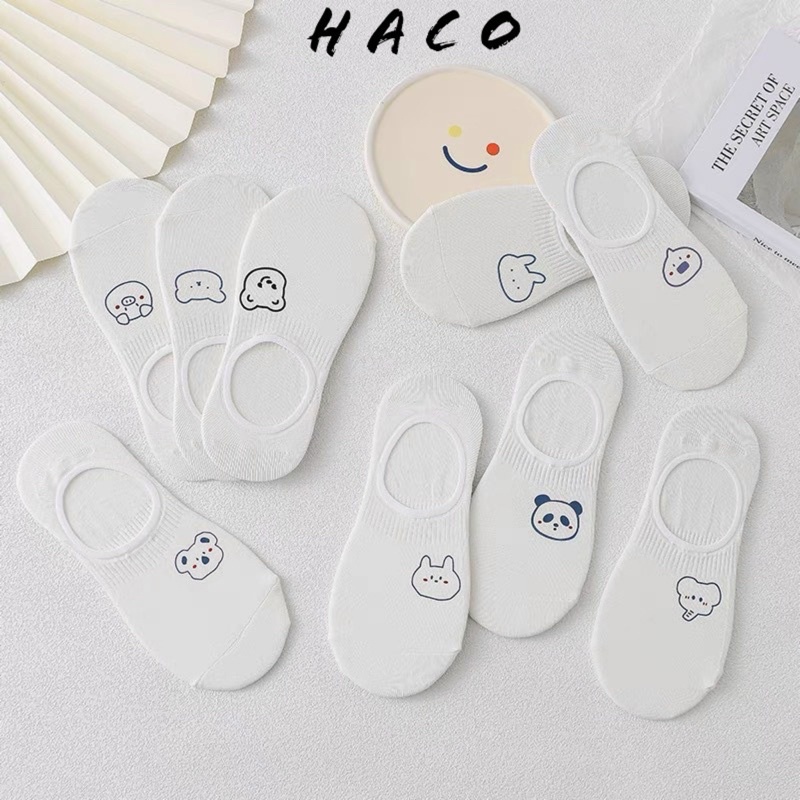 Set 9 đôi tất cổ ngắn, vớ tất lười nửa bàn chân nữ màu trắng họa tiết hình thú dễ thương thời trang Hàn Quốc