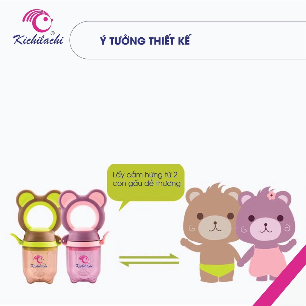 Túi nhai ăn dặm chống hóc 3 núm nhai kèm dây đeo Kichi cho bé