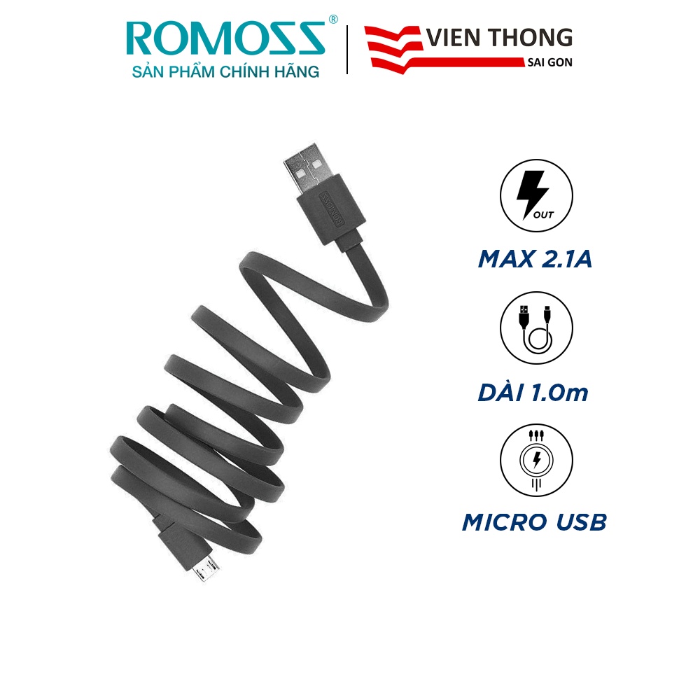 Cáp sạc nhanh micro USB Romoss CB05f chống rối dài 1m / Sạc nhanh 2A cho Android (Bla) - Hãng phân phối chính thức