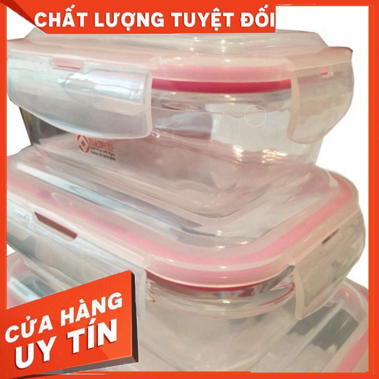 [ Hàng Chính Hãng ] Bộ 3 hộp đựng cơm thủy tinh hình chữ nhật dùng được lò vi sóng (370 + 640 + 1040ml)