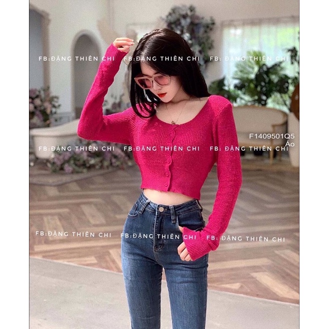Áo len cổ U rộng dài tay gài nút croptop TT1409