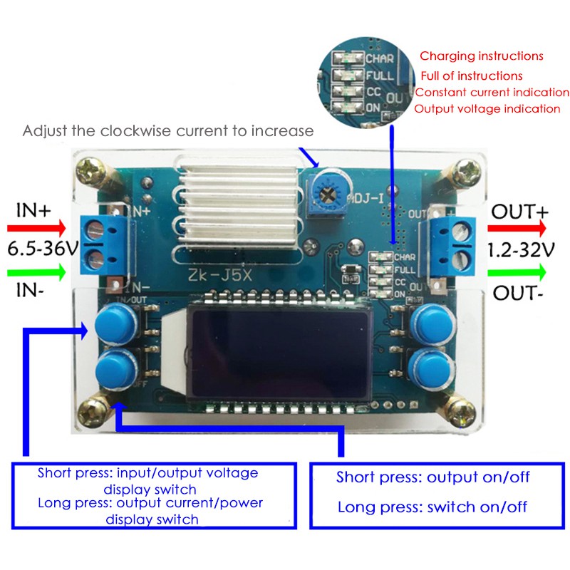 CC CV DC 6.5-36V đến 1.2-32V 5A 75W Bước xuống Buck Bộ chuyển đổi nguồn cung cấp Mô-đun Bộ điều chỉnh điện áp Biến áp có vỏ tản nhiệt