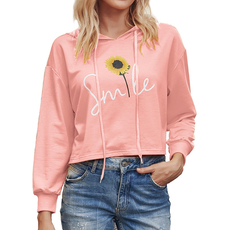 Áo Hoodie Croptop Tay Dài Phối Dây Rút In Hoa Hướng Dương Cười Dễ Thương Cho Nữ