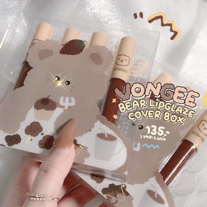 MẪU MỚI Set Son Kem Lì 4 Cây VONGEE Gấu Nâu Trong Suốt Dễ Thương Bộ Son Kem Lì Không Dính Cốc Cô Gái Cổ Trang | Thế Giới Skin Care