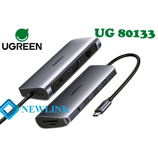 HUB USB C 10 in 1 UGREEN 80133 USB C to 3 USB 3.0 + HDMI 4K + VGA + RJ45 Gigabit + SD/TF + Audio 3.5mm + PD Power Delive
