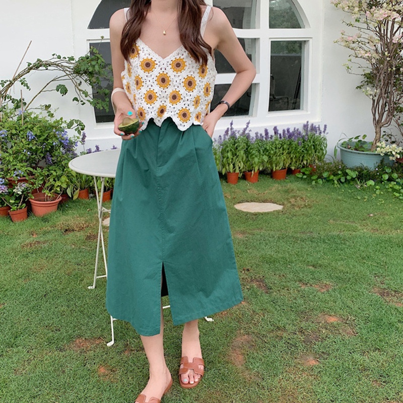 Áo Croptop Dệt Kim Không Tay Cổ Chữ V Dáng Rộng Thêu Hình Hoa Hướng Dương Phong Cách Vintage Cho Nữ