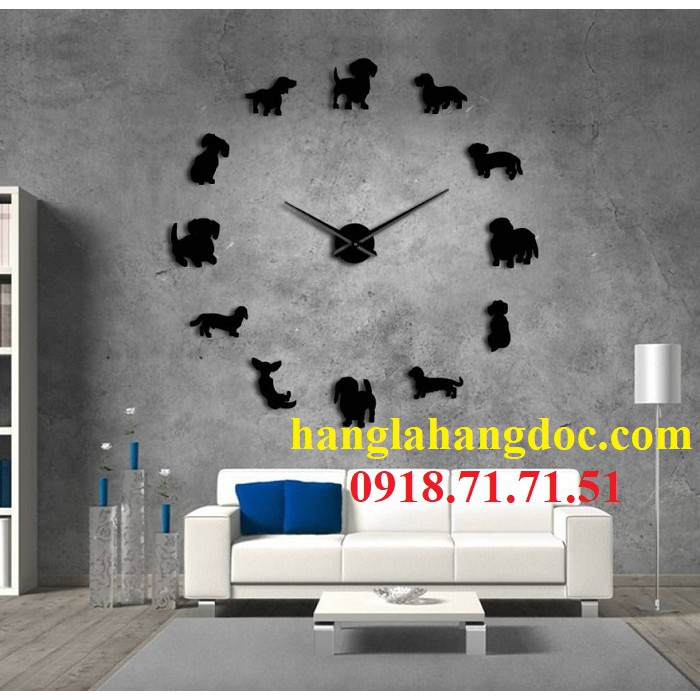 Đồng hồ dán tường DIY clock 3D hình chó cưng, mẫu số 17