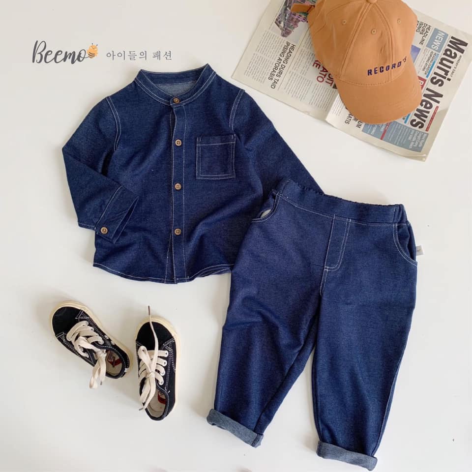 Set bộ bé trai da cá màu denim cổ tàu