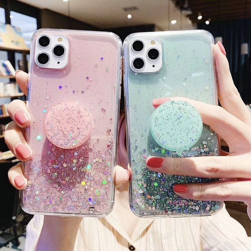 Ốp điện thoại đính sequin có giá đỡ cho iPhone 11 12 Mini 10 X XR Xs Pro Max 5 5s SE 2020 6 6s 7 8 + 6+ 6s+ 7+ 8+