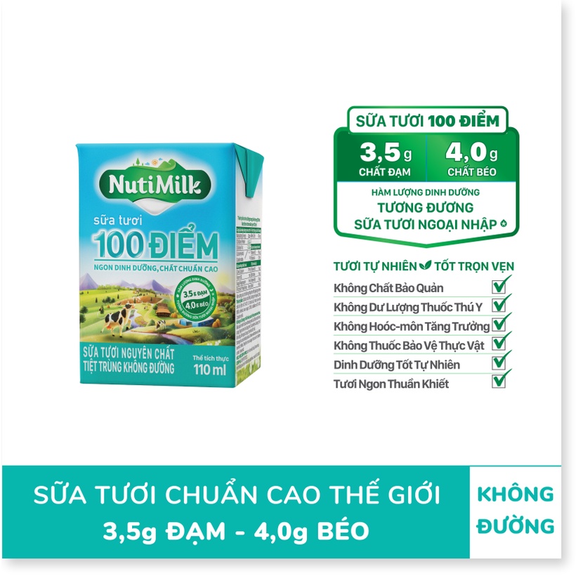 NutiMilk Sữa tươi 100 điểm - Sữa tươi tiệt trùng nguyên chất không đường 110ml  -NUTIFOOD - CIRINO