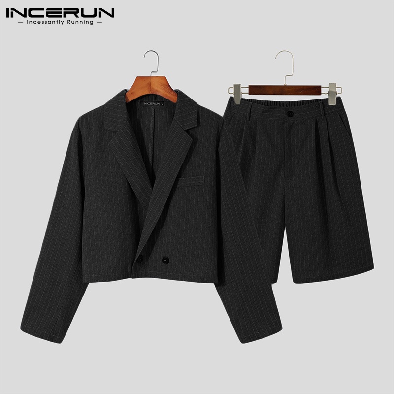 Bộ đồ INCERUN gồm áo khoác blazer và quần đùi họa tiết kẻ sọc thời trang dành cho bạn nam