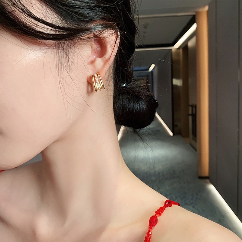 Bông tai mạ bạc 925 hình học đính đá phong cách Hàn Quốc thời trang cao cấp cho nữ