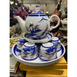 Bộ ấm chén bát tràng ấm đức vẽ sơn thuỷ, hoa cúc, hoa đào