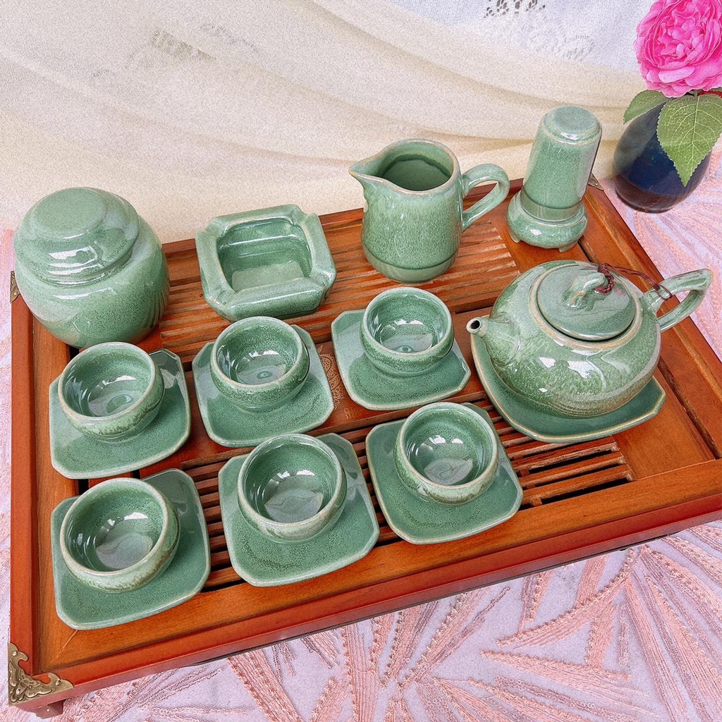 Bộ Ấm Trà ⚱ Gốm Sứ Bát Tràng ⚱ Bộ Ấm Chén Chóp Xanh Thiên Thanh Decor Cao Cấp Gomphuquy Ac91