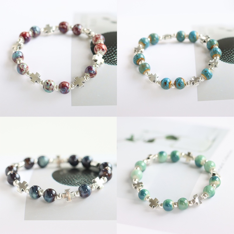 Vòng Tay Chuỗi Hạt Gốm Phối Mặt Thánh Giá Thời Trang Cho Nữ