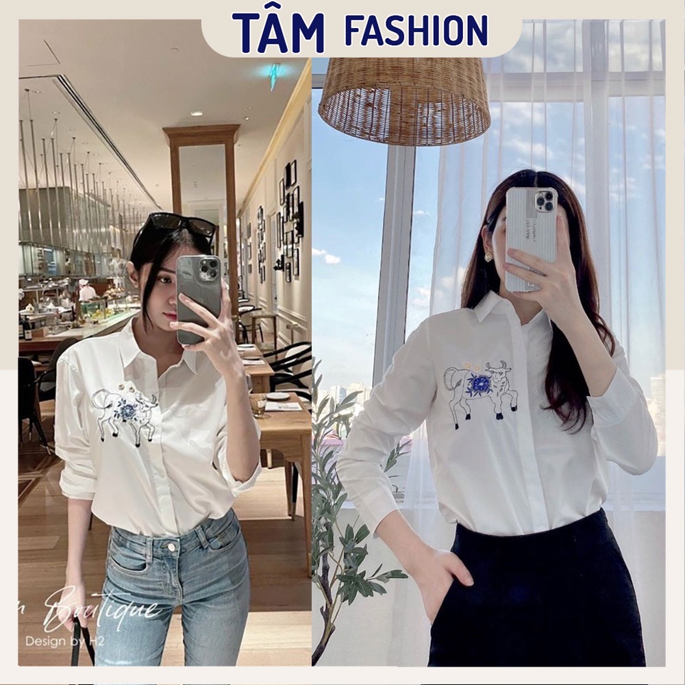 Áo sơ mi nữ trắng dài tay thêu họa tiết chất thô lụa thái tay dài form basic công sở Tâm Fashion