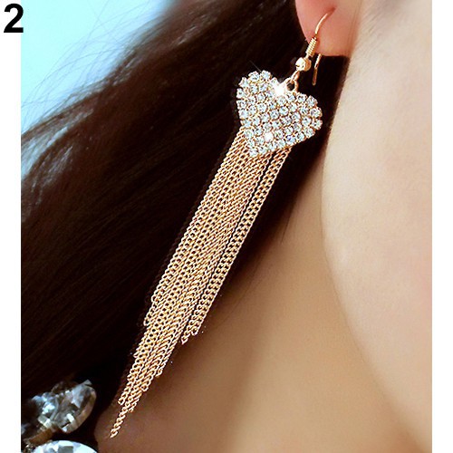 Đôi bông tai dáng dài hình trái tim đính đá phối tua rua dễ thương cho nữ