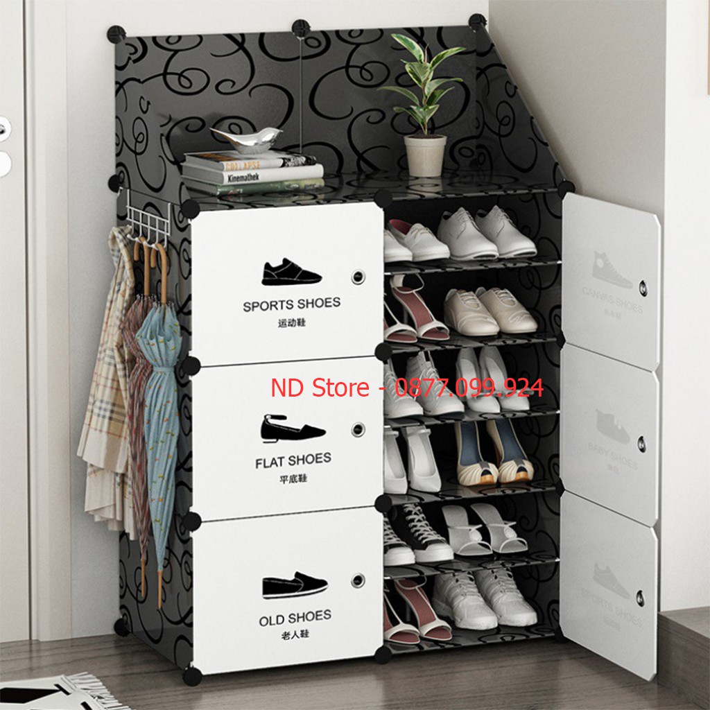 Tủ giày lắp ghép 12 ô (chia ô) có sóng vách đen cửa trắng shoes để giày dép, lắp ghép dễ dàng, tiện dụng, thông minh