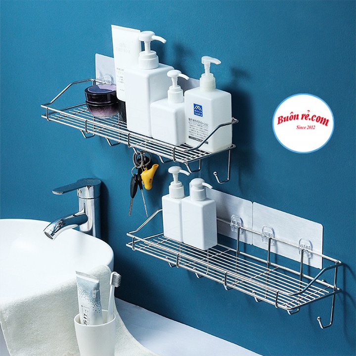 Kệ inox dán tường nhà bếp kèm 6 móc TẶNG 2 MIẾNG DÁN ĐÔI - Giá inox để đồ phòng tắm dán tường tiện lợi 01585 01586