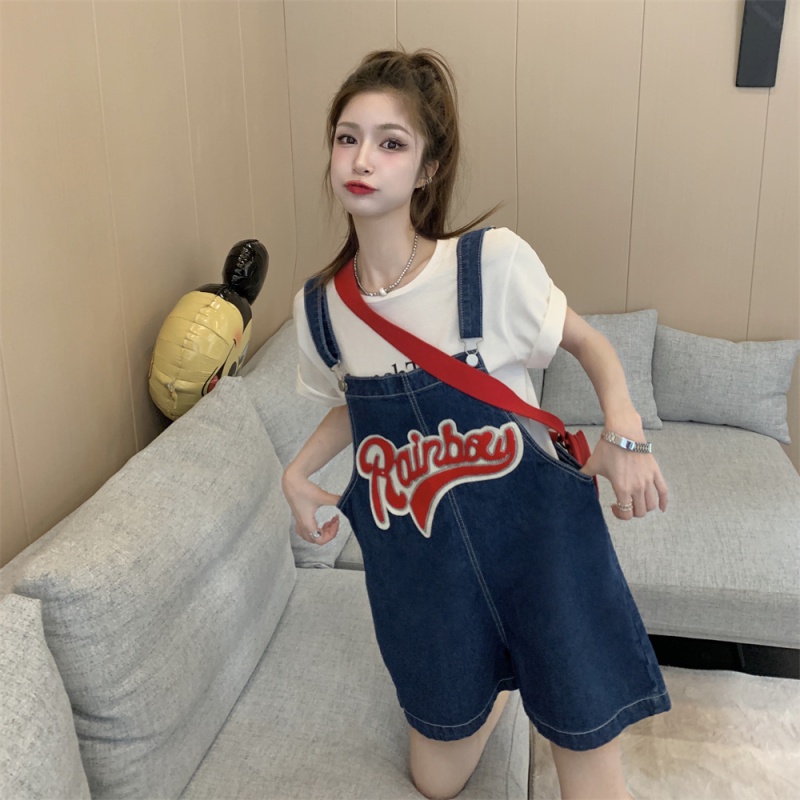 Jumpsuit Denim Thêu Chữ Dễ Phối Đồ Thời Trang Mùa Hè Cho Nữ