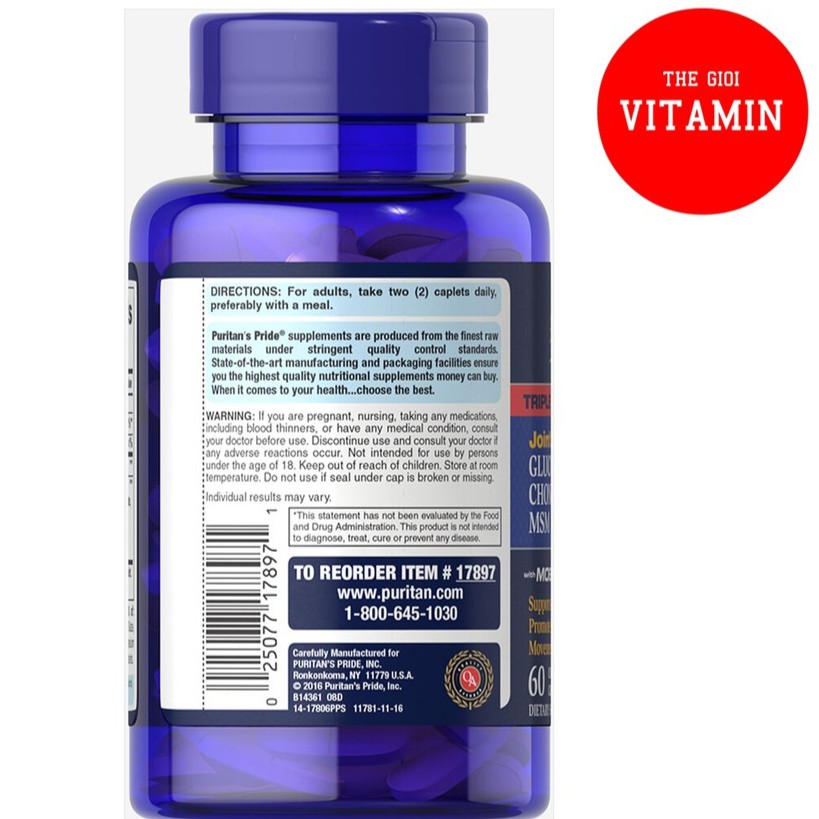 [Puritan's Pride] Viên uống xương khớp TRIPLE STRENGTH Glucosamine, Chondroitin & MSM Joint Soother® 60 viên - Mỹ