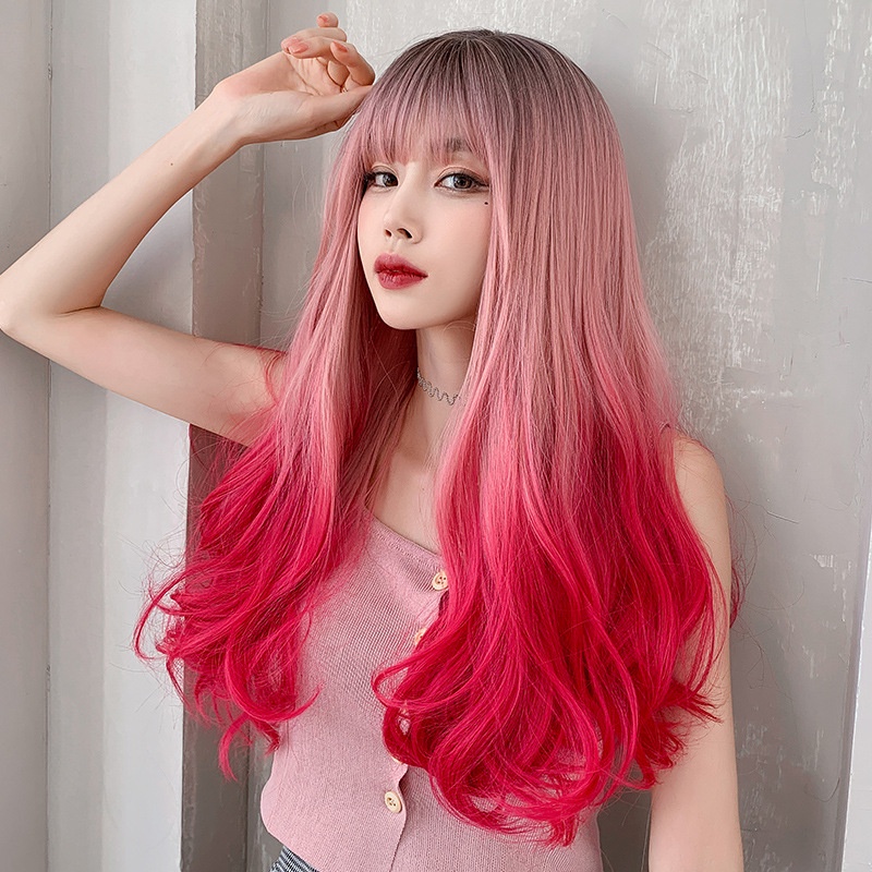 Bộ Tóc Giả Dài Xoăn Gợn Sóng Màu Hồng Gradient Thời Trang Cho Nữ C- 0309