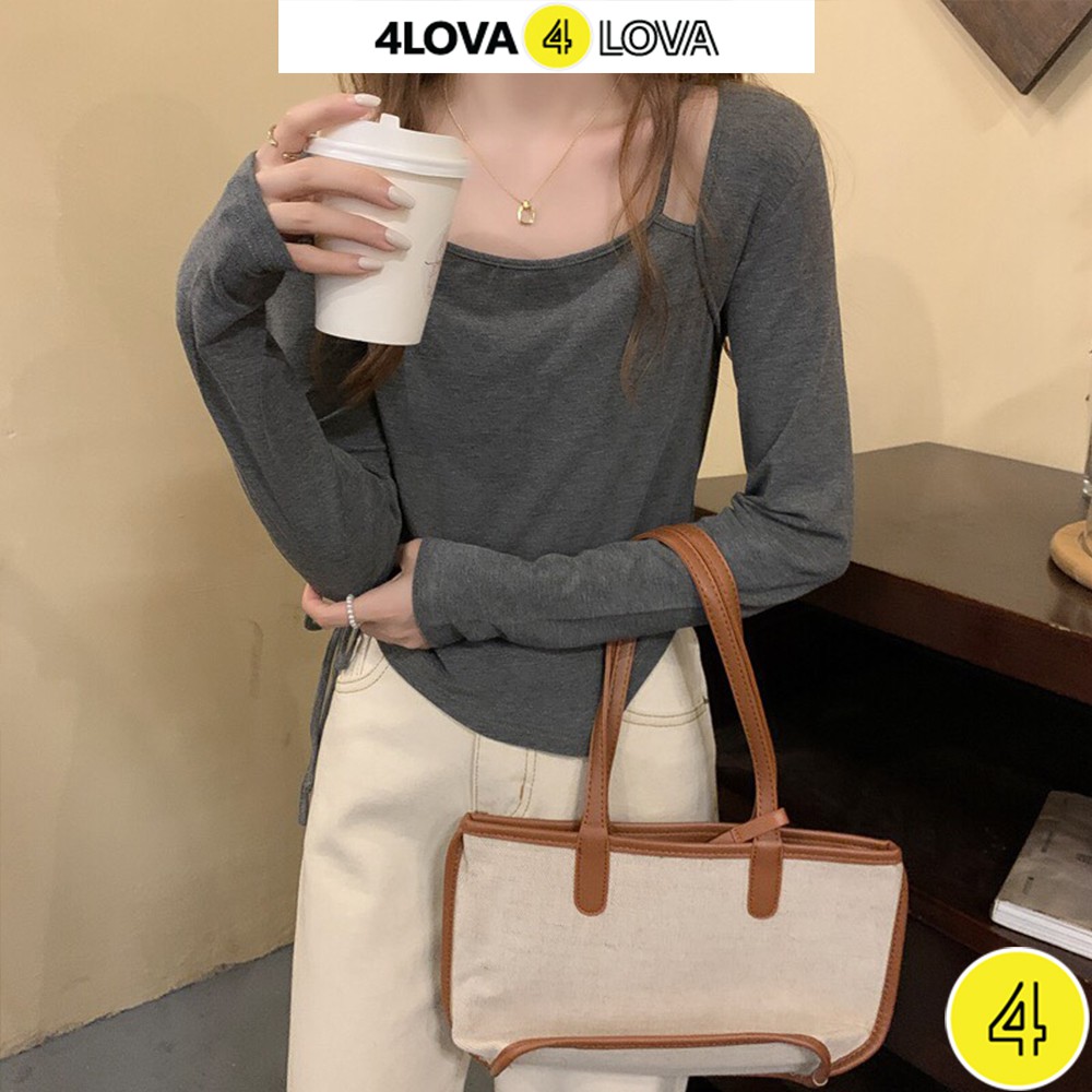 Áo thun kiểu dài tay body nữ 4LOVA thiết kế cổ yếm xẻ tà phối dây rút quyến rũ freesize