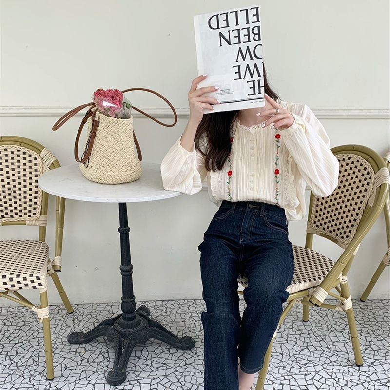 Áo Sơ Mi Dài Tay Xếp Ly Cài Một Hàng Nút Thêu Họa Tiết Phong Cách Hàn Quốc Mới Cho Nữ