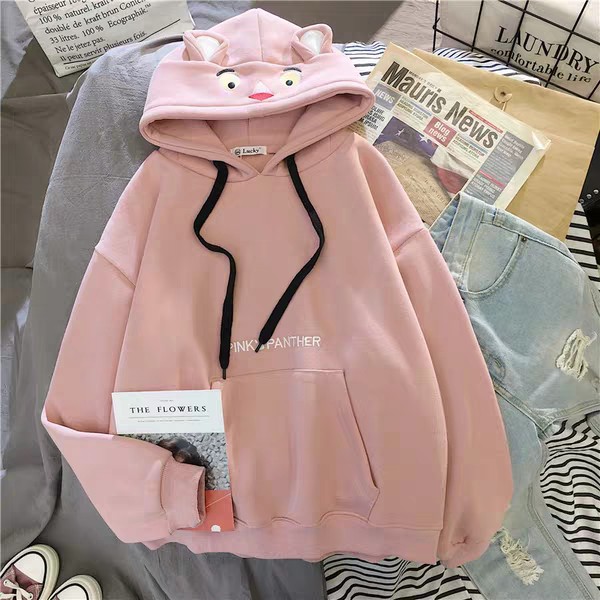 Áo hoodie nữ Pink Panther thêu báo hồng phối nón i hình siêu Hot 2021