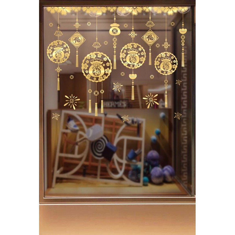 Decal trang trí Tết - Rèm dây vòng túi tiền trong ánh VÀNG - ĐỎ cao cấp