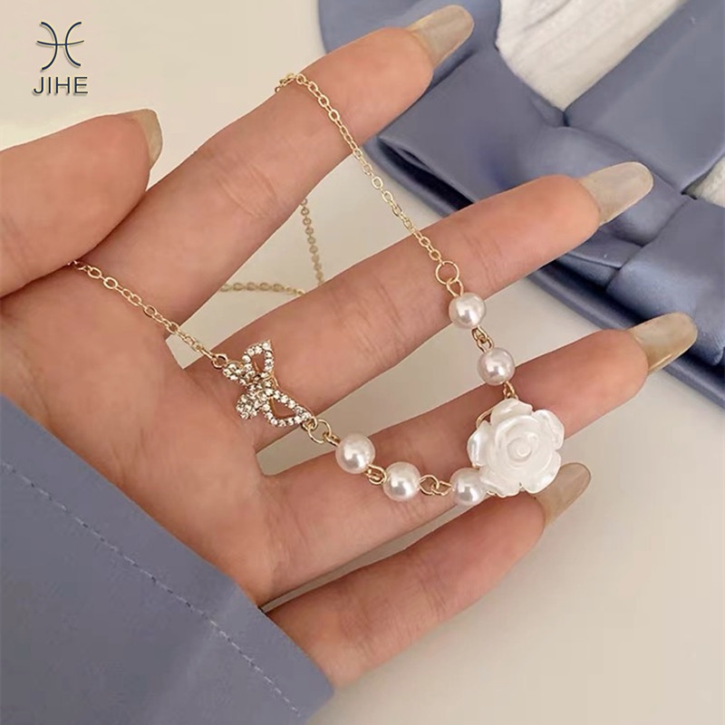 【JIHE】Vòng cổ Mặt Hoa Hồng Đính Ngọc Trai Thời Trang