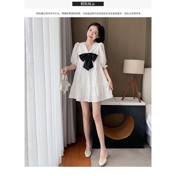 Đầm babydoll đính nơ ❤️váy xoè xếp tầng cổ v ❤ ulzzang chất thô mềm