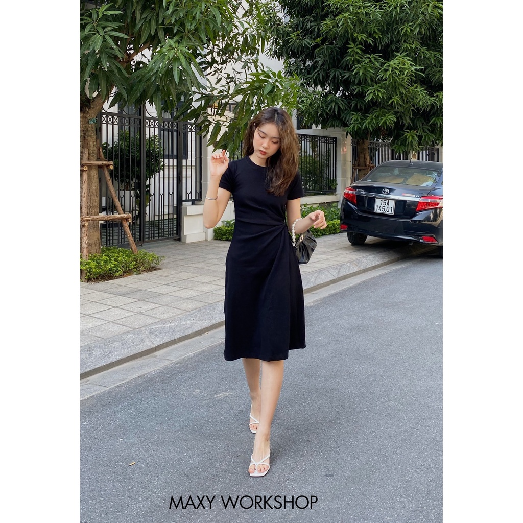 Đầm thun có tay thắt rút dây bên eo lạ mắt form xòe drawstring dress Maxy Workshop