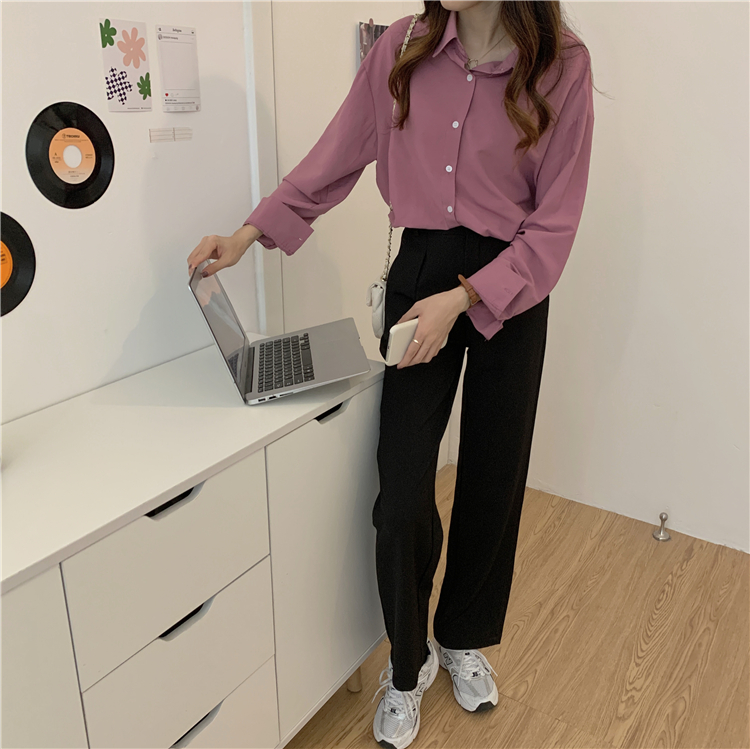 Áo sơ mi Xiaozhainv dáng rộng dài tay màu trơn dễ phối đồ phong cách Hàn Quốc dành cho nữ