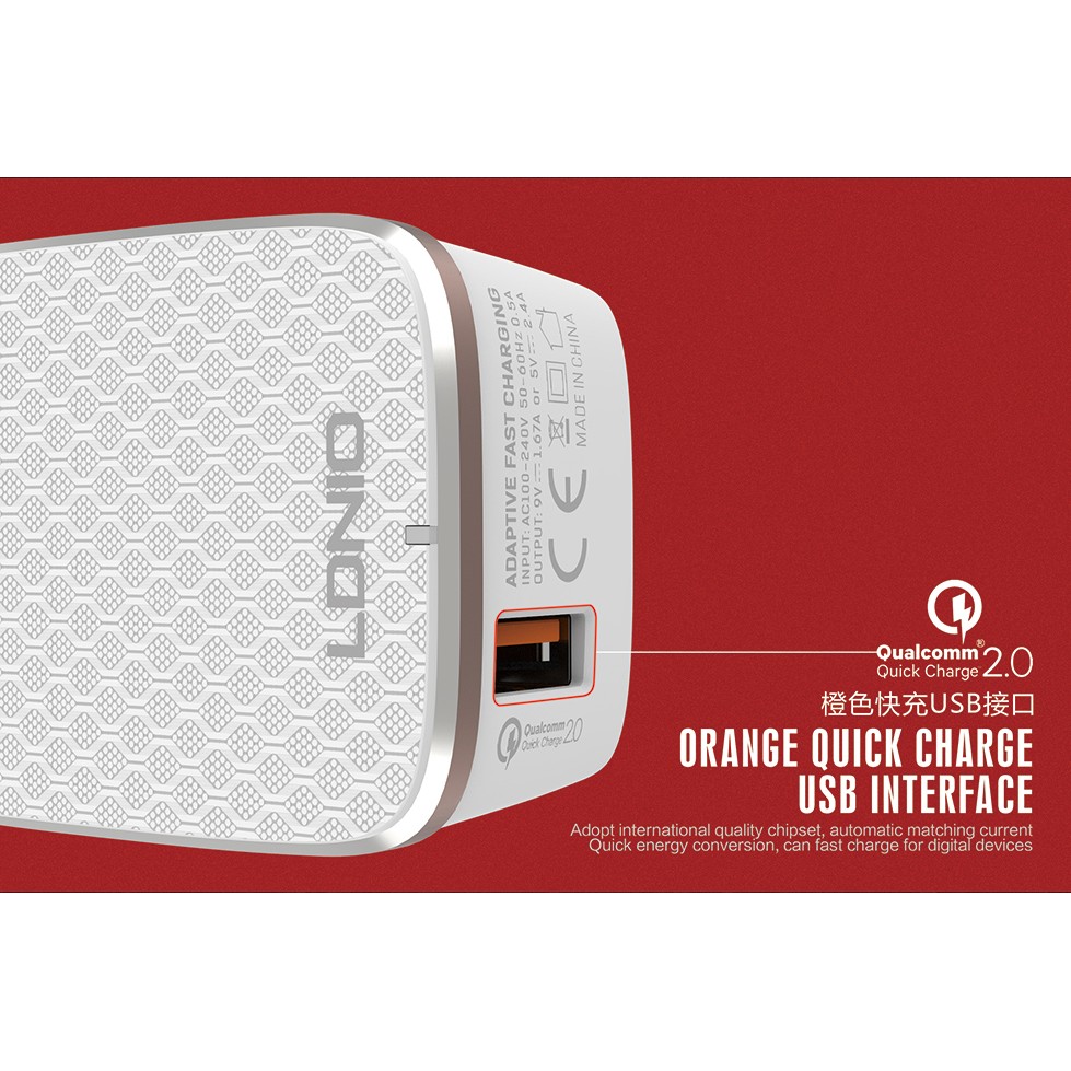 Cốc sạc điện thoại Quick Charge QC 2.0 cao cấp Android iPhone có IC ổn dòng bảo vệ thiết bị LDNIO A1204Q Trắng