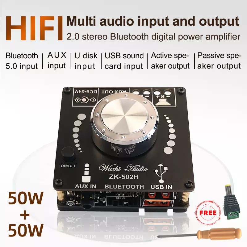 Bảng mạch khuếch đại âm thanh nổi kỹ thuật số ZK-502H HIFI Bluetooth 5.0 TPA3116D2 50WX2 có cổng AUX và USB