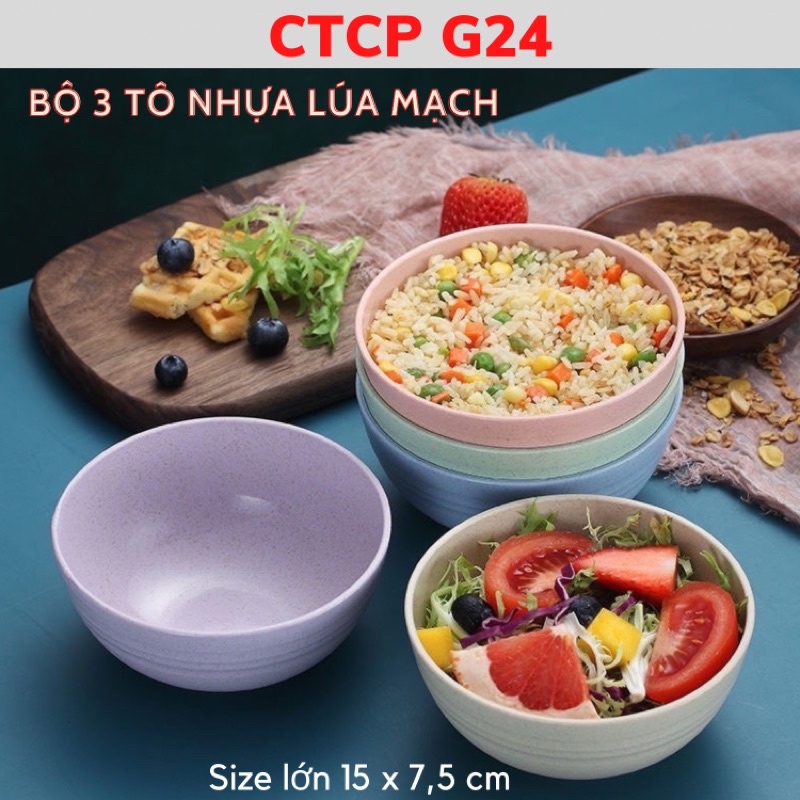 Bộ 3 bát nhựa lúa mạch 15cm pastel cao cấp, bộ tô nhựa đựng đồ ăn, trái cây, salad, thức ăn chịu nhiệt size lớn 15cm