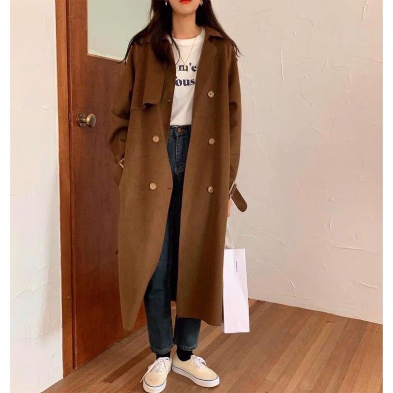 Áo Dạ Mangto đai dáng dài 1m1, túi sườn_Full 4 màu ảnh thật, da len dầy dặn