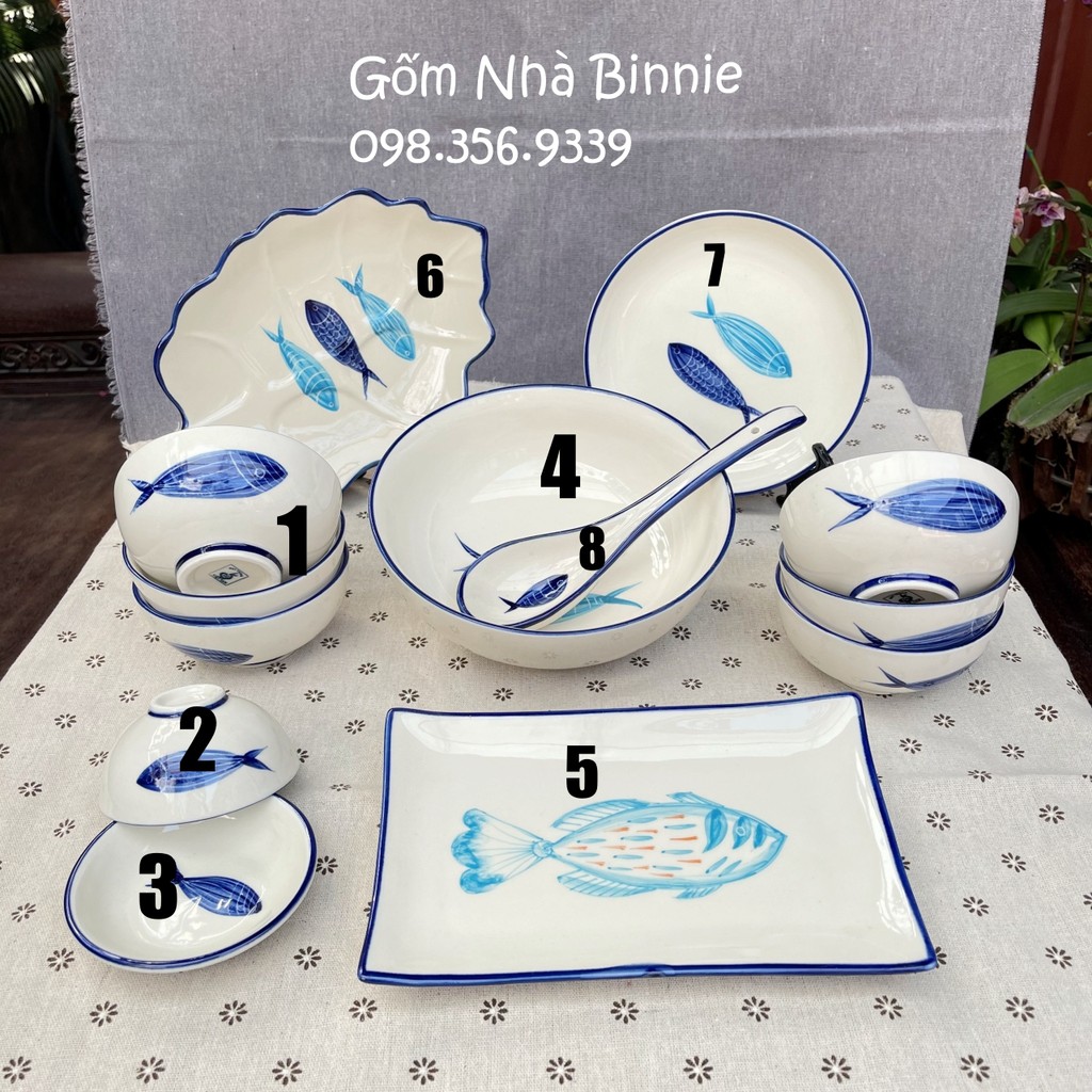 Bát, đĩa, tô sứ Bát Tràng thủ công, hoạ tiết cá Nhật