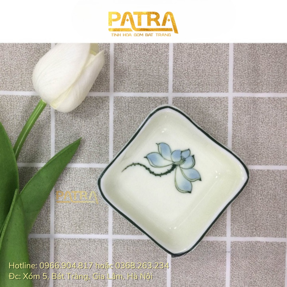 Bộ đĩa gia vị sứ, bát mắm, chén nước chấm Bát Tràng cao cấp vẽ sen xanh