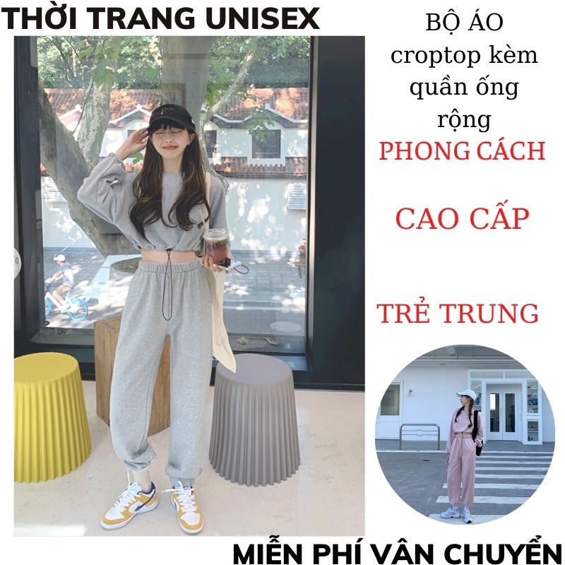 Sét bộ thể thao unisex  ,áo croptop dài tay quần jogger chất nỉ hàn dày dặn phong cách ulzzang THỜI TRANG 1989