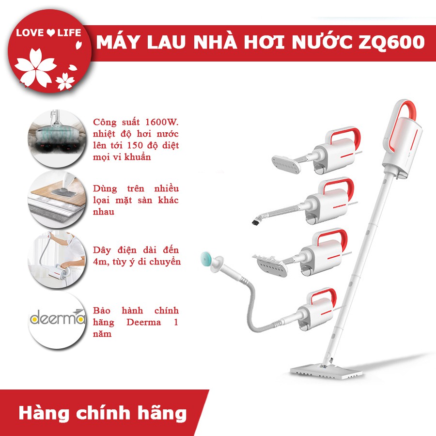 Máy Lau Nhà Hơi Nước Nóng DEERMA ZQ600/ZQ610, Công Suất 1600W, thời gian làm nóng 20s, bình nước 230ml_lovelife66