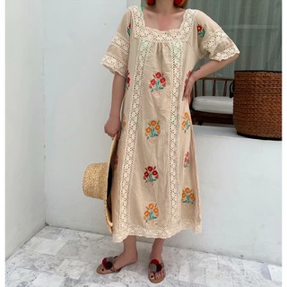 Đầm Cotton Phối Ren Thêu Họa Tiết Xinh Xắn Theo Phong Cách Vintage / Size S-Xl